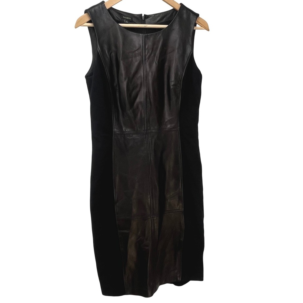 Talbots Black Lambskin Leather Center Front Panel Party Shift Sleeveless Dress 8